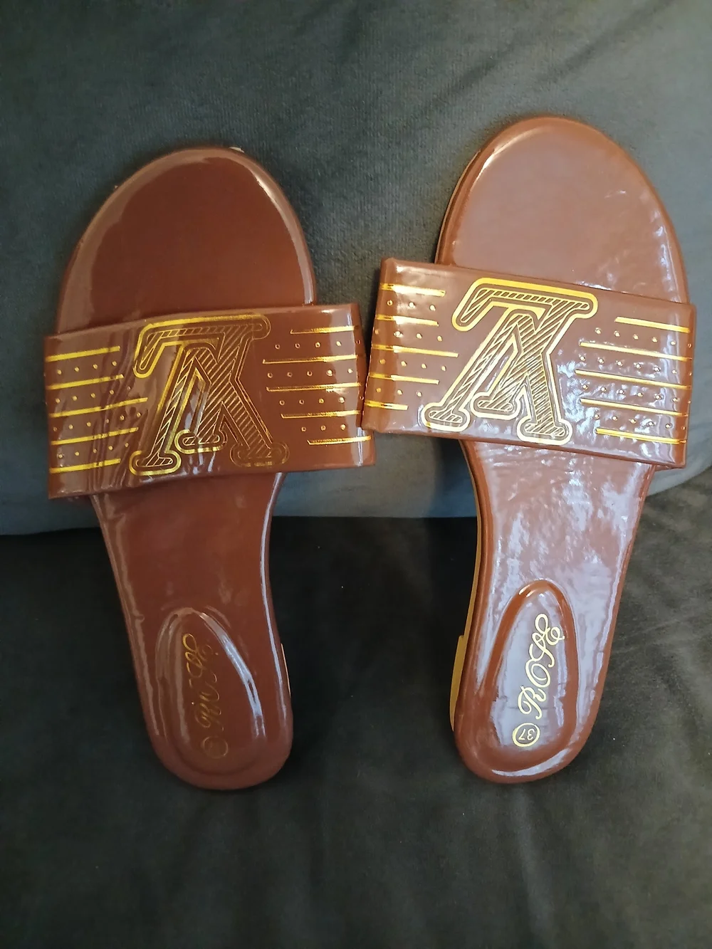Brown Kids Slide Sandals with Gold Accent